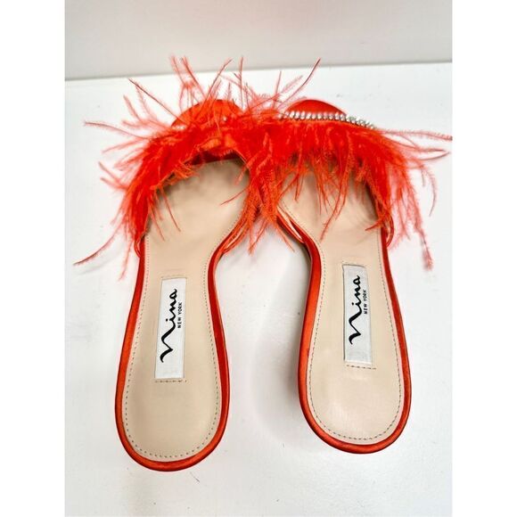Nina Sandals Womens Size 6 Red Feather Embellished Slip On Open Toe Shoes - Picture 4 of 10